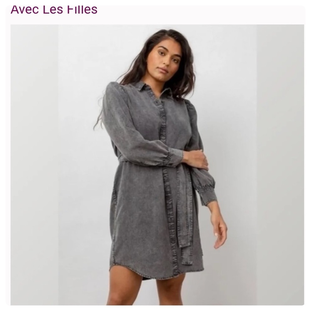 Anthro AVEC LES FILLES Denim Tie Waist Shirt Dress Acid Wash Black Gray Medium